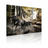 Tableau  Cheval noir et cascade rocheuse