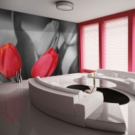 Papier peint  Tulipes rouges sur fond noir et blanc