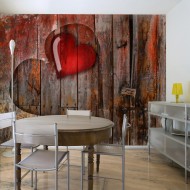 Papier peint  Coeurs sur fond de bois