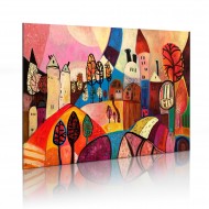 Tableau peint à la main  Village multicolore