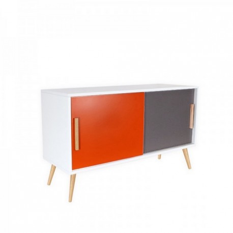 Buffet Blanc 2 Portes Orange et Gris 4 Pieds Chêne