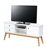 Meuble TV Blanc 1 Porte 2 Tiroirs 4 Pieds Chêne Vintage 