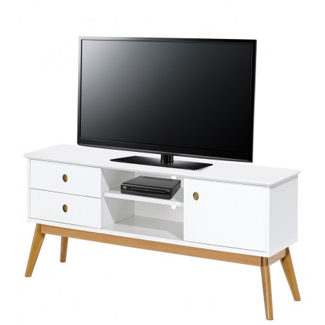 Meuble TV Blanc 1 Porte 2 Tiroirs 4 Pieds Chêne Vintage 