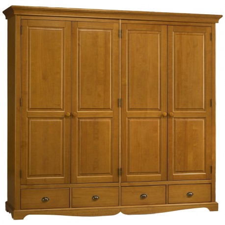 Grande armoire 4 portes 4 tiroirs style anglais pin miel ouverte