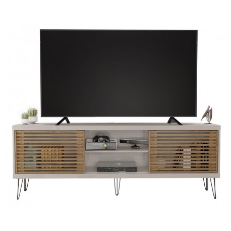 Meuble TV 72 Pouces 180 cm Blanc et Chêne Portes Persiennes Pieds Métal