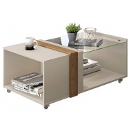 Table Basse Vitrée Blanc Ecru Chêne