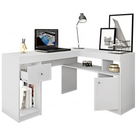 Bureau d'Angle Blanc avec Caisson et Rangements L 137.2 H 75.5 P 111.6 cm