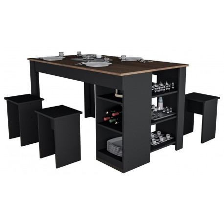 Table à Manger avec Rangement et 4 Tabourets Noir et Noyer