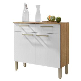 Buffet Bas 2 Portes 2 Tiroirs Chêne et Blanc 2 Niches Larg 90,9 H 86 P 36,3 cm