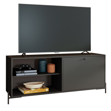 Meuble TV Bar 60 Pouces Noir 1 Porte 4 Niches Pieds Métal Ronds