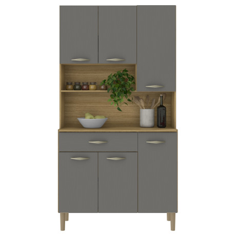 Buffet de Cuisine 6 Portes 1 Tiroir Chêne et Gris 7 Niches Largeur 91 cm