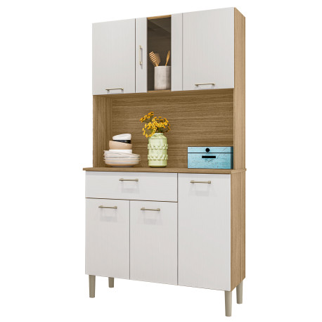 Buffet de Cuisine 6 Portes 1 Tiroir Chêne et Blanc 5 Niches Largeur 92 cm