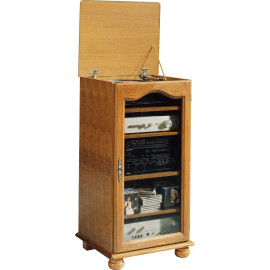 Rack HiFi Chêne 1 Porte Vitrée Dessus Relevable 5 Niches L 57 H 107 P 46.5 cm