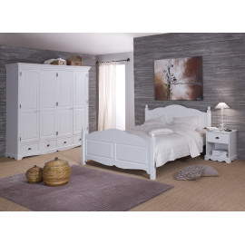 Chambre Complète Blanche Style Anglais Lit 140 cm Armoire et Chevet