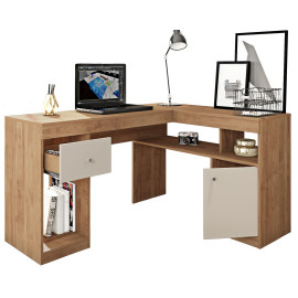 Bureau d'Angle Chêne et Blanc Caisson et Rangement L 137.2 H 75.5 P 111.6 cm