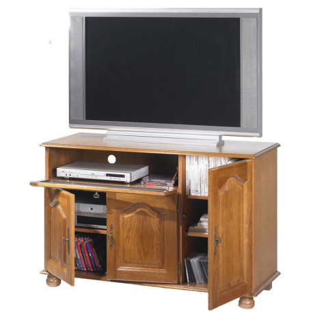 Meuble TV 55 Pouces Chêne 3 Portes 1 Abattant 6 Niches L120.6 H 77 P 46.5 cm