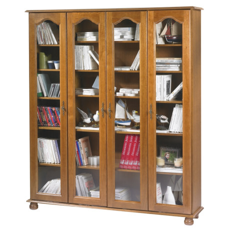 Vitrine Bibliothèque Chêne 4 Portes Vitrées 18 Niches L 158.8 H 182.2 P 33 cm