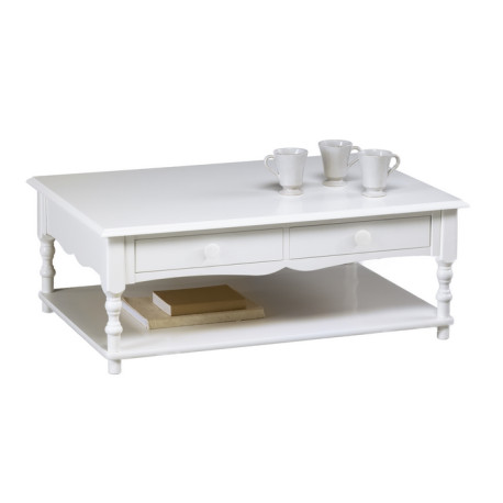 Table Basse 2 Tiroirs Blanche Style Anglais 1 Niche L 100 H 38 P 70 cm