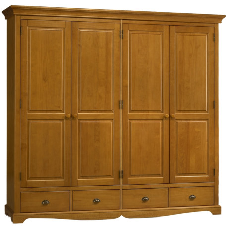 Armoire Penderie Pin Miel 4 Portes 4 Tiroirs 6 Niches L 212 H 195 P 54 cm