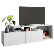 Meuble TV 50 Pouces 2 Abattants Blanc 6 Niches L 164 H 46.5 P 37.5 cm