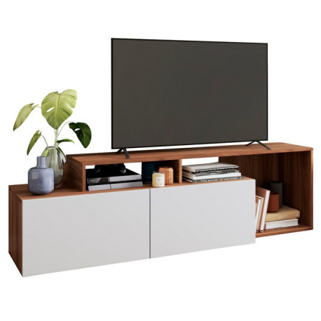 Meuble TV 50 Pouces 2 Abattants Blanc et Châtaignier L 164 H 46.5 P 37.5 cm