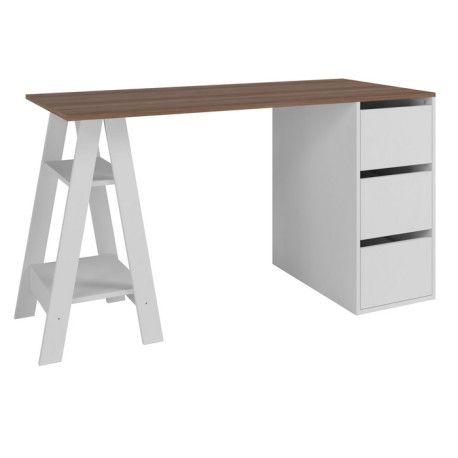 Bureau Tréteau et Caisson 3 Tiroirs Blanc et Châtaignier L 135 H 75 P 60 cm