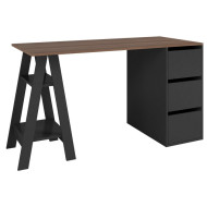 Bureau Tréteau et Caisson 3 Tiroirs Noir et Châtaignier L 135 H 75 P 60 cm