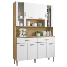 Buffet de Cuisine 8 Portes 2 Tiroirs Chêne et Blanc L 121.4 H 173.5 P 36.3 cm