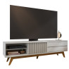 Meuble TV 75 Pouces Blanc Pieds Bois 1 Porte 2 Tiroirs 3 Niches L 200 H 55.2 P 37.7 cm
