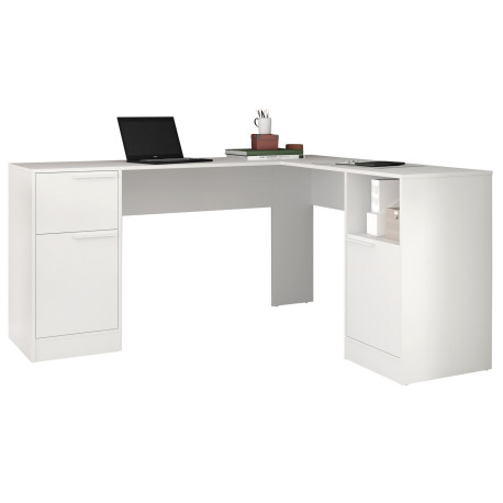 Bureau d'Angle Blanc 2 Caissons 2 Portes 1 Tiroir 1 Niche L 160 H 78.5 P 134.5 cm