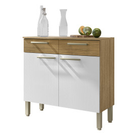 Buffet Bas 2 Portes 2 Tiroirs Chêne et Blanc 2 Niches Larg 90,9 H 86 P 36,3 cm