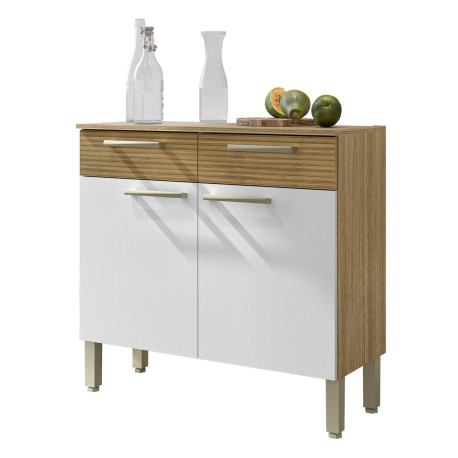 Buffet Bas Meuble Cuisine 2 Portes 2 Tiroirs Chêne et Blanc