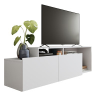 Meuble TV 50 Pouces 2 Abattants Blanc 6 Niches L 164 H 46.5 P 37.5 cm
