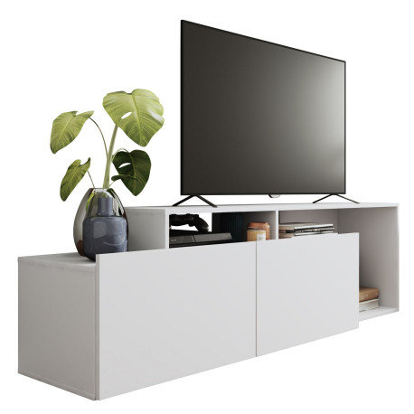 Meuble TV 50 Pouces 2 Abattants Blanc 6 Niches L 164 H 46.5 P 37.5 cm