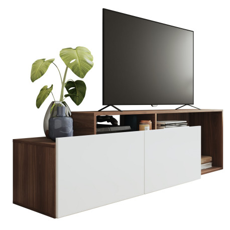 Meuble TV 50 Pouces 2 Abattants Blanc et Châtaignier L 164 H 46.5 P 37.5 cm