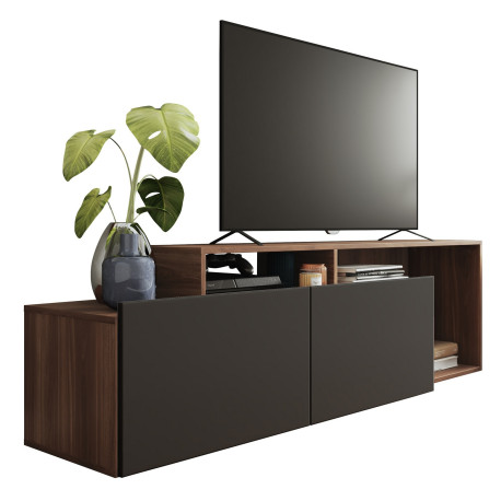 Meuble TV 50 Pouces 2 Abattants Noir et Châtaignier L 164 H 46.5 P 37.5 cm