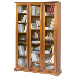Bibliothèque Vitrine 3 Portes Vitrées Merisier 12 Niches L 120.6 H 182.2 P 33 cm