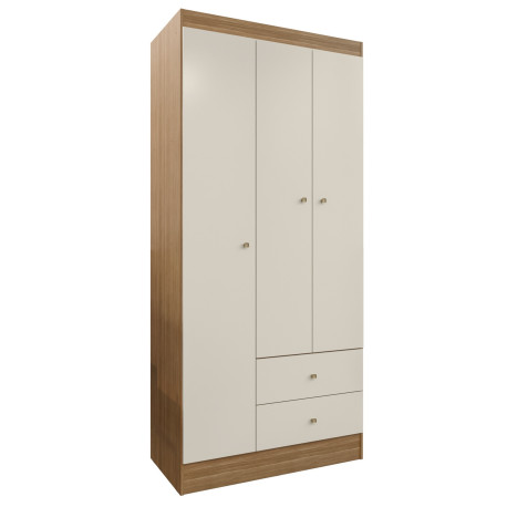 Armoire Penderie 3 Portes 2 Tiroirs 5 Niches Chêne Blanc Ecru L 81.2 H 182.4 P 46.3 cm