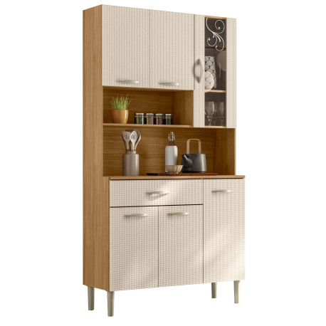 Buffet 6 Portes 1 Tiroir 7 Niches Chêne et Blanc Ecru L 90 H 173.5 P 36.3 cm