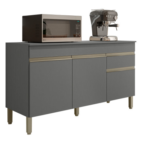 Buffet Bas 3 Portes 1 Tiroir Gris 5 Niches L 150 H 86 P 53.3 cm