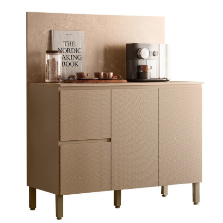 Meuble de Cuisine Bas 3 Portes 2 Tiroirs Taupe et Crédence Marbre L 120 H 91.5 P 53.3 cm