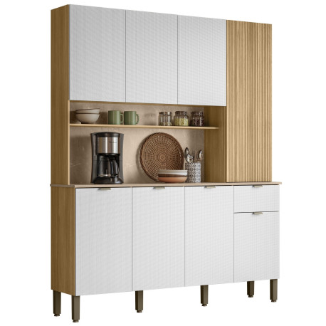 Buffet 8 Portes 1 Tiroir 18 Niches Chêne et Blanc Gaufré L 161 H 200 P 38.8 cm