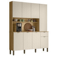 Buffet 8 Portes 1 Tiroir 18 Niches Chêne et Blanc Ecru Gaufré L 161 H 200 P 38.8 cm