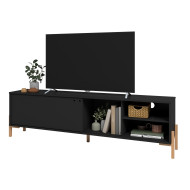 Meuble TV 80 Pouces Noir 1 Porte Coulissante 4 Niches L 185 H 51.5 P 33.5 cm
