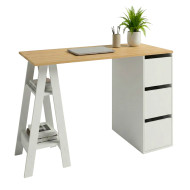 Bureau Tréteau et Caisson 3 Tiroirs Blanc et Châtaignier L 135 H 75 P 60 cm