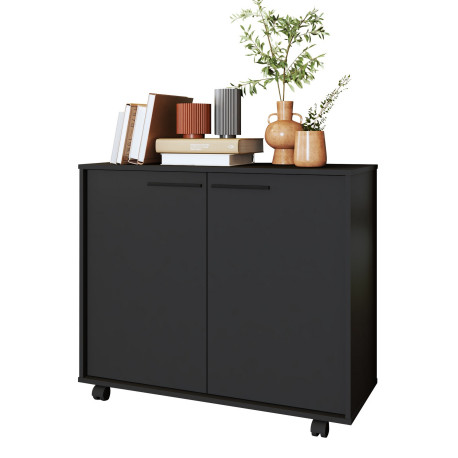 Meuble de Rangement 2 Portes 4 Niches Noir sur Roulettes L 90 H 76.5 P 35.5 cm