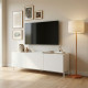 Meuble TV Design 55 Pouces 3 Portes 4 Niches Blanc Pieds Métal L 135 H 50.5 P 38.5 cm