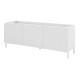 Meuble TV Design 55 Pouces 3 Portes 4 Niches Blanc Pieds Métal L 135 H 50.5 P 38.5 cm