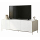 Meuble TV Design 55 Pouces 3 Portes 4 Niches Blanc Pieds Métal L 135 H 50.5 P 38.5 cm