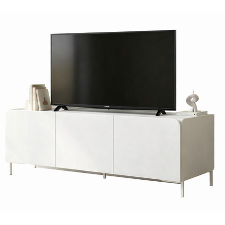 Meuble TV Design 55 Pouces 3 Portes 4 Niches Blanc Pieds Métal L 135 H 50.5 P 38.5 cm